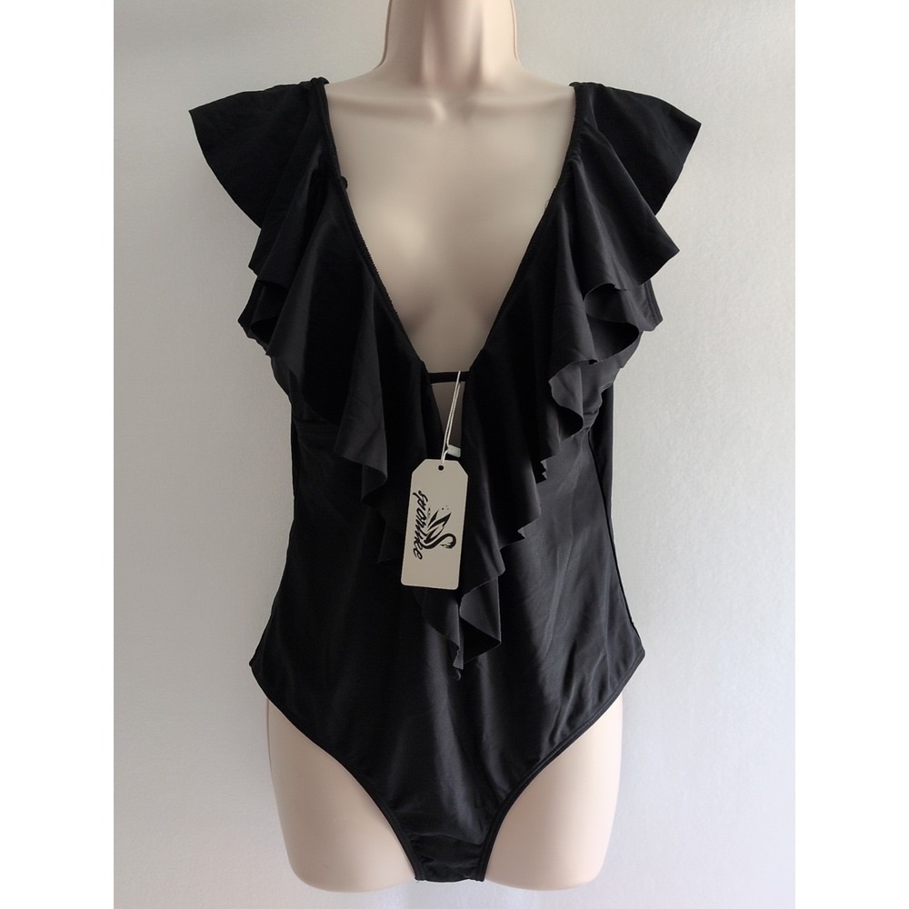 SPORLIKE Women's One Piece Swimsuit V-Neck Ruffle With Back Tie Size XL NWT